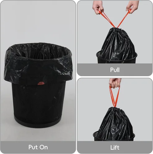 Miniatura 3 de Bolsas de basura con cordón de cocina de 6 galones, bolsas de basura negras de plástico, 2 rollos, 110