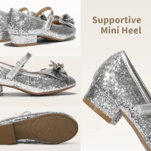Miniatura 4 de DREAM PAIRS Zapatos de vestir para niñas, zapatos de princesa para niñas pequeñas, zapatos de tacón bajo Mary Jane con purpurina para fiesta