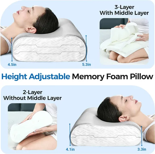 Miniatura 6 de Elviros Almohadas de espuma viscoelástica para aliviar el dolor de cuello, almohada ortopédica ergonómica de altura ajustable para dormir, almohada