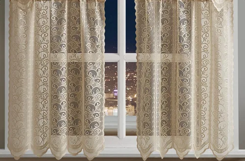 Miniatura 3 de Warm Home Designs El paquete de 3 cortinas de lino dorado para ventana de cocina incluye 2 niveles de 24 pulgadas y cenefa con festón. Juego