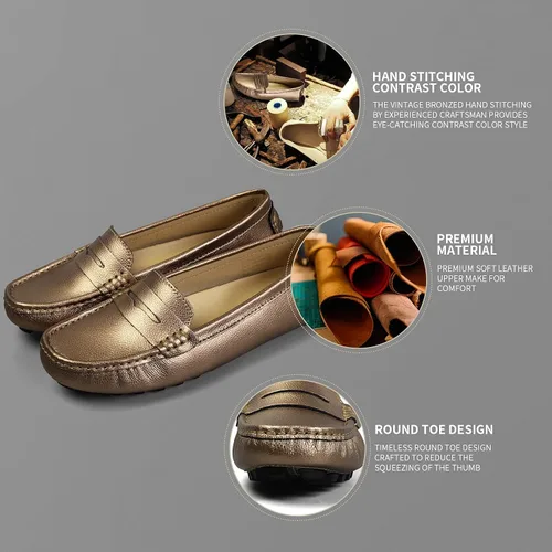 Miniatura 4 de Artisure Mocasines clásicos de cuero genuino para mujer, mocasines de conducción, mocasines casuales sin cordones, zapatos de barco cómodos y a