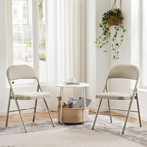 Miniatura 2 de DUMOS Paquete de 12 sillas plegables acolchadas de cuero, asiento comercial apilable portátil para interiores y exteriores con marco de acero, Caqui