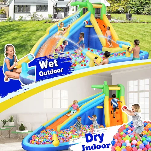 Miniatura 3 de DREAMVAN Tobogán acuático inflable, parque acuático para niños con piscina, pared de escalada, aro de baloncesto, cañón, tobogán acuático de piscina