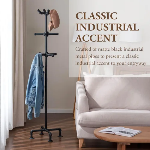 Miniatura 2 de MyGift Perchero industrial de metal negro de 64 pulgadas con diseño de tubo realista y 12 ganchos, organizador de entrada para colgar abrigos