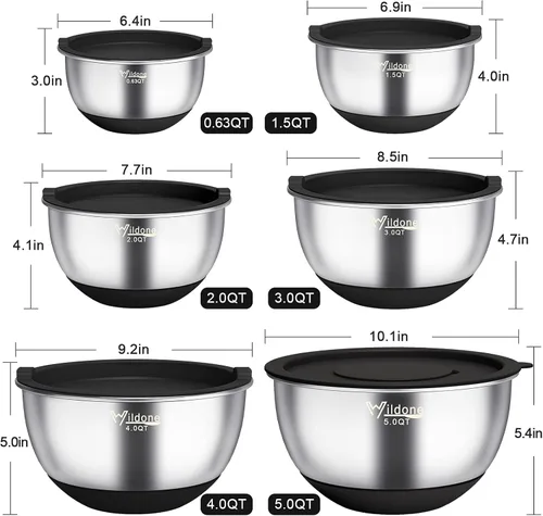 Miniatura 2 de Wildone Cuencos para mezclar con tapas herméticas, 22 piezas cuencos de acero inoxidable anidables, con 3 accesorios para rallar, marcas de escala