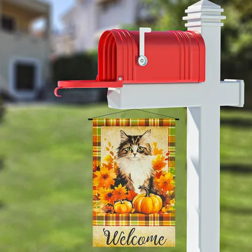 Miniatura 4 de Bandera decorativa de arpillera de otoño para jardín, 12 x 18 pulgadas, de doble cara, calabaza, cachorro, madrás, a cuadros, pequeñas banderas
