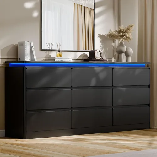 Miniatura 9 de Gyfimoie Cómoda Negra de 6 Cajones para Dormitorio, Cajonera Larga de 47.2" con Estación de Carga y Luces LED, Gabinete de Almacenamiento de Madera