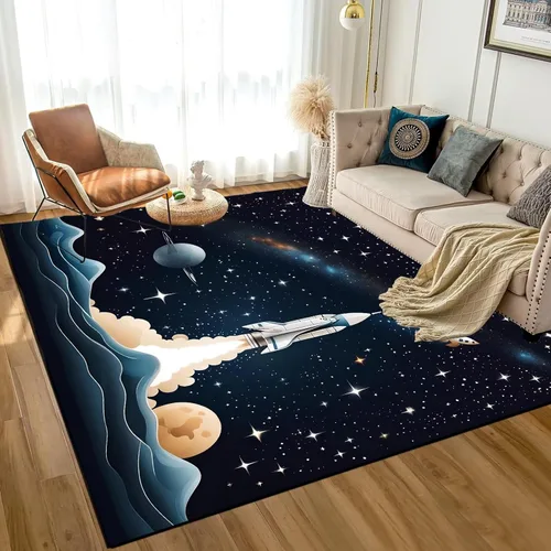 Miniatura 10 de Alfombra de galaxia de 2 x 3 pies, alfombra espacial para niños y niñas, dormitorio, sala de estar, océano, transbordador, barco, alfombra de noche