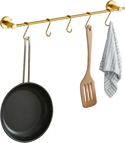 Toallero de 21.6 pulgadas con 5 ganchos en forma de S, toallero de latón dorado cepillado para baño y cocina Oro cepillado con 5 ganchos