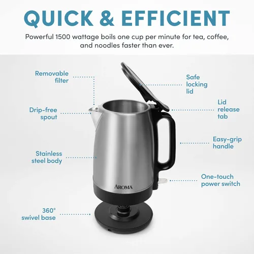 Miniatura 4 de AROMA® Hervidor eléctrico de 1.7 litros con ebullición rápida y apagado automático en acero inoxidable (AWK-1401SB)