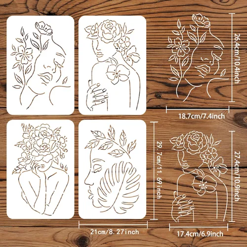 Miniatura 2 de FINGERINSPIRE 4 plantillas de cara para mujer de 11.7 x 8.3 pulgadas, plantillas de pintura floral femenina, plantillas de plástico para mujer