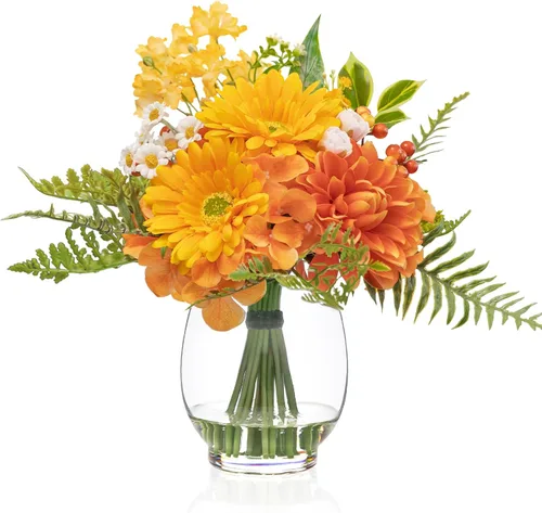 Miniatura 12 de WELL KNOWN Flores falsas en jarrón, flores artificiales con agua falsa, rosa de seda sintética de tacto real y tulipanes florecientes, flor
