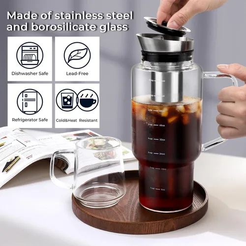 Miniatura 5 de Aquach Cafetera de café frío (Cold Brew) para café y té de 68 onzas, jarra de vidrio y filtro de acero inoxidable, apta para lavavajillas, cafetera
