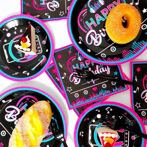 Miniatura 5 de 96 piezas de suministros para fiesta musical con vajilla para niñas, juego de decoración temática musical para fiesta de cumpleaños, platos