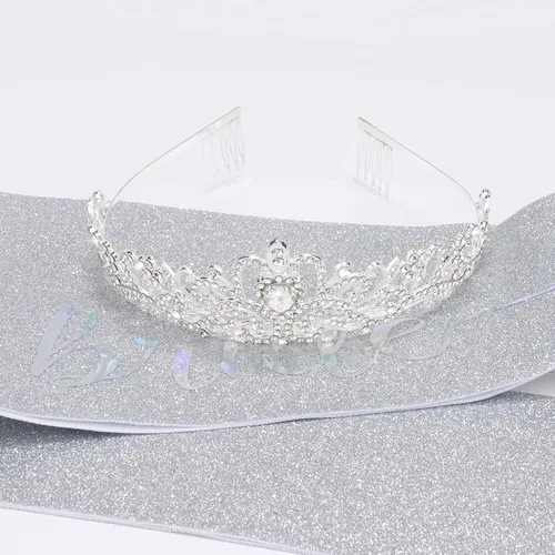 Miniatura 9 de Kit de corona de cristal y banda plateada, decoraciones de despedida de soltera, tiara de boda y banda de purpurina para novia