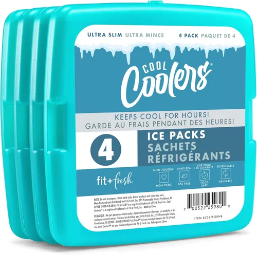 Cool Coolers de Fit & Fresh - Paquete de 4 paquetes de hielo delgados, paquetes de hielo reutilizables de congelación rápida que ahorran espacio