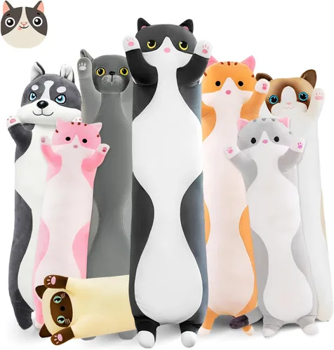 Almohada larga de felpa de gato, 19.6 pulgadas - Adorable peluche de gato negro - Animales de peluche suaves - Almohada tipo cuerpo de gatito -