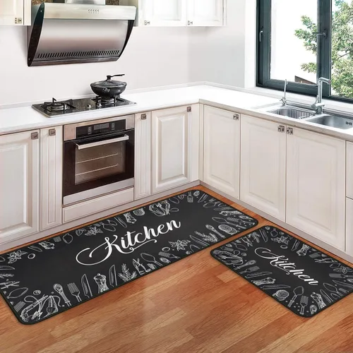 Miniatura 11 de Alfombras y esteras de cocina con tema de café (2 piezas), alfombra de cocina negra antideslizante lavable, suave, superabsorbente, juego