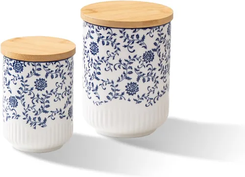 Miniatura 8 de Juego de recipientes para cocina - Recipientes de cerámica para encimera con tapas herméticas de madera - Recipientes para harina y azúcar
