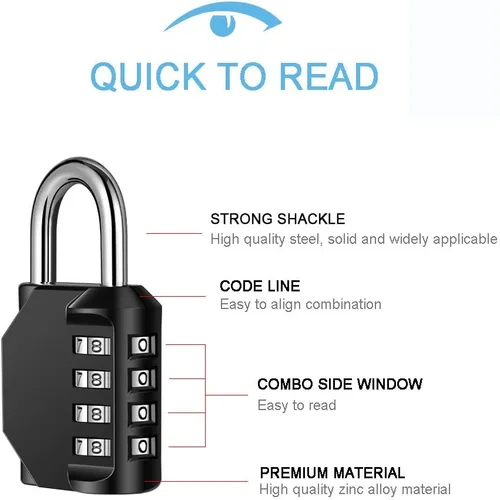 Miniatura 3 de Candado de combinación de 4 dígitos impermeable para exteriores con cable de acero para casillero de gimnasio, casco, puerta, valla, equipaje Negro