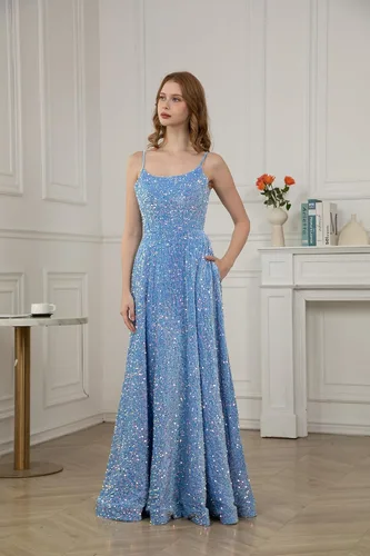 Miniatura 9 de Tianzhihe Vestidos de fiesta con tirantes delgados, vestidos de fiesta largos con lentejuelas, vestidos de fiesta formales brillantes acampanados