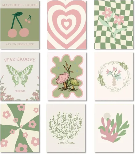 MINI ZOZI Pósteres en colores pastel danés de 8 x 10, 9 piezas, decoración estética de habitación, impresiones artísticas de pared verde y rosa,