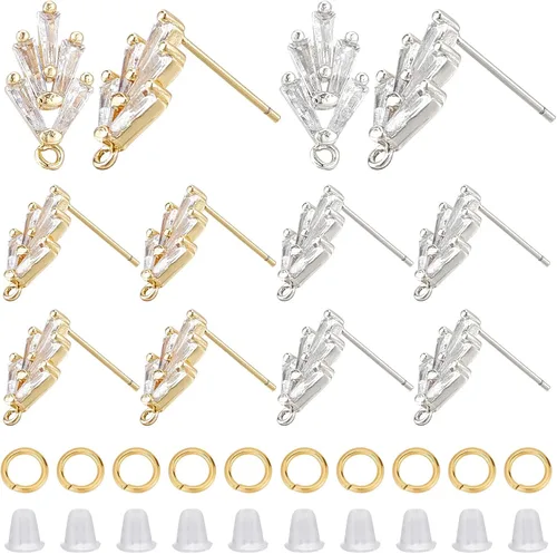 Miniatura 8 de CREATCABIN 1 caja 12 aretes de latón chapado en oro de 18 quilates de 2 tamaños, aretes tipo dormilona con circonitas cúbicas con anillos de salto