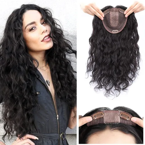 Miniatura 8 de Tope de cabello humano rizado natural para mujer, extensiones de pelo con clip, 5.1 x 5.5 in, parte superior de cabello sedoso, parte superior