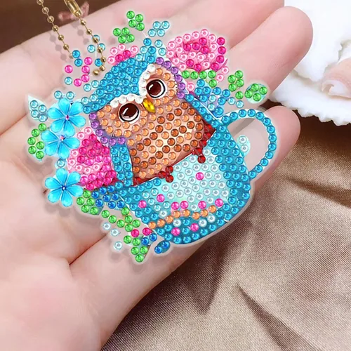 Miniatura 5 de LUSandy Juego de 6 llaveros de pintura de diamante con diseño de búho y flores azules 5D para adultos, diseño especial de búho de doble cara