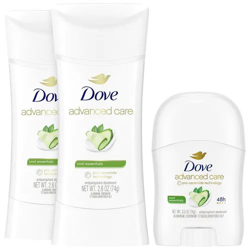 Dove Advanced Care - Desodorante Cool Essentials, paquete de 2 desodorantes antitranspirantes de tamaño completo, paquete de 2 + mini desodorante