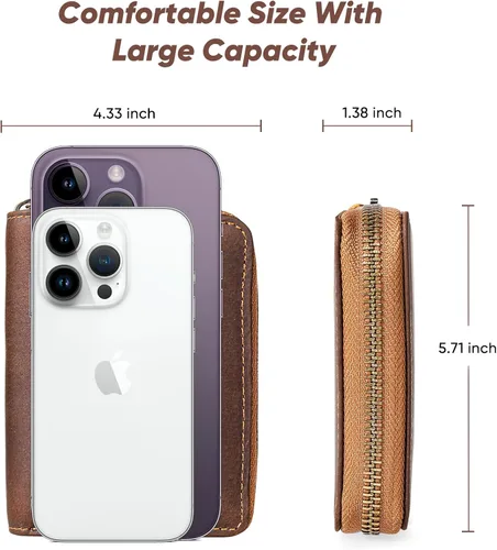 Miniatura 5 de KE'VERSO Cartera pequeña para tarjetas de crédito, con cremallera para hombres y mujeres, Marrón