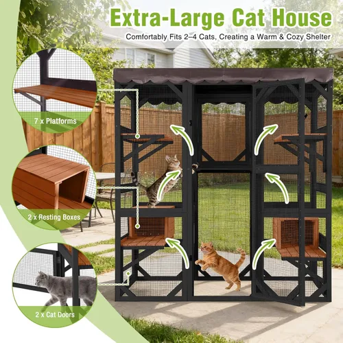 Miniatura 3 de GUTINNEEN Catio - Recinto grande de madera para gatos de 70 pulgadas, jaula para gatos con 7 plataformas, 2 cajas de descanso, cubierta impermeable