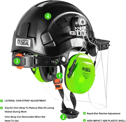 Miniatura 6 de Casco de Seguridad Forestal para Motosierra con Visera Completa de Policarbonato Transparente y Orejeras 3 en 1 Casco Duro Forestal