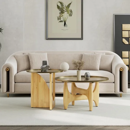 Miniatura 8 de ACEDÉCOR Mesa auxiliar redonda de 30 pulgadas, mesa central dorada cepillada con bandeja de borde bajo y base de madera maciza en X para sala