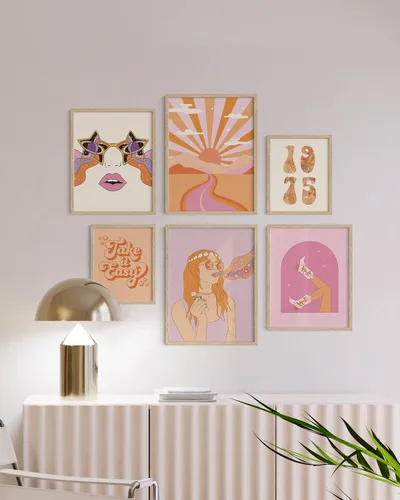Miniatura 5 de HAUS AND HUES Decoración de Pared Naranja Arte de Galería Juego de 6 - Pósteres para Estética de Habitación Psicodélica, Arte de Pared Rosa y 70 s