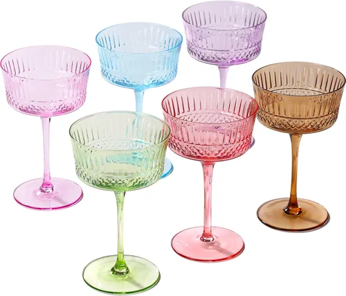 Physkoa Juego de 6 vasos de cóctel de color vintage de 9.3 onzas, juego de 6 vasos de cóctel de Martini de cristal, regalos para el día de la madre