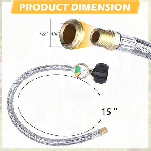 Miniatura 2 de Mangueras de propano para RV de 15 pulgadas con medidor, manguera trenzada de acero inoxidable para tanque de caravana, línea de manguera pigtail
