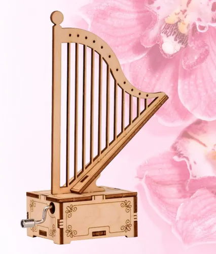 Miniatura 2 de ibasenice Caja de música con forma de arpa hecha a mano para niños, juguete musical de manivela montada de madera portátil, pequeña caja de música