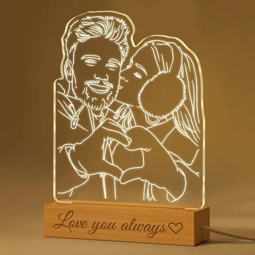 Luz nocturna de retrato 3D personalizada con foto, lámpara LED personalizada con nombre, placa acrílica para imagen, soporte grabado de madera para