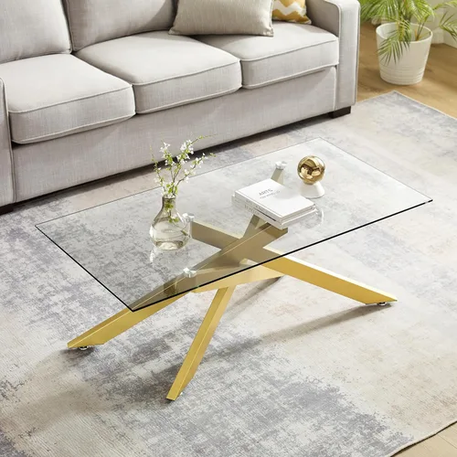 Miniatura 7 de Mesa de café dorada para sala de estar, mesa de café moderna de vidrio con tapa de vidrio templado de 47" y patas metálicas tubulares para espacios