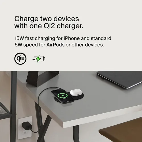 Miniatura 2 de Belkin Almohadilla de carga inalámbrica 2 en 1 con Qi2 de 15 W + puerto USB-C adicional - Cargador compatible con MagSafe, estación de carga