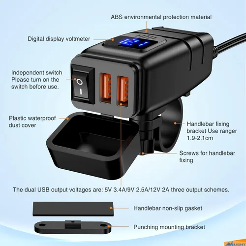 Miniatura 5 de Nilight Cargador de motocicleta con voltímetro de 12 V, interruptor de encendido y apagado independiente, adaptador USB SAE en línea, fusible de 10