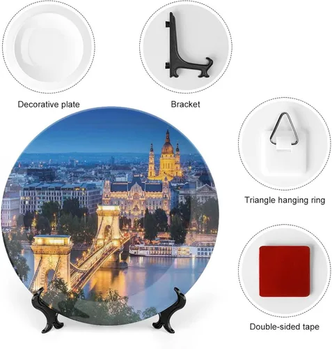 Miniatura 3 de XISUNYA Plato decorativo de 6 pulgadas, placa de porcelana con paisaje urbano, puente histórico antiguo en Budapest, impresión tradicional europea