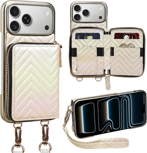 Miniatura 10 de Funda tipo cartera para iPhone 15 de 6.1 pulgadas, bolso cruzado con cremallera y correa para la muñeca con cordón para mujer, tarjetero con bloqueo