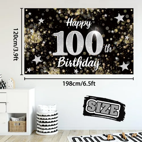 Miniatura 2 de Decoración de feliz cumpleaños número 100, cartel grande de fondo de cumpleaños con estrella de ensueño negro y plateado de 100 años, decoración