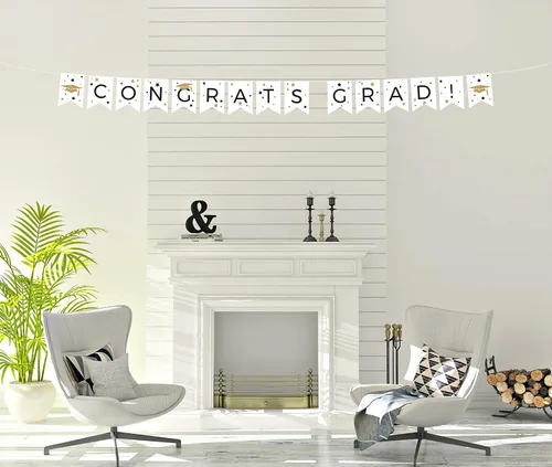 Miniatura 5 de Andaz Press Colección de fiesta de graduación con purpurina blanca y dorada, banderín colgante con cuerda, Congrats Grad!, 5 pies, 1 juego