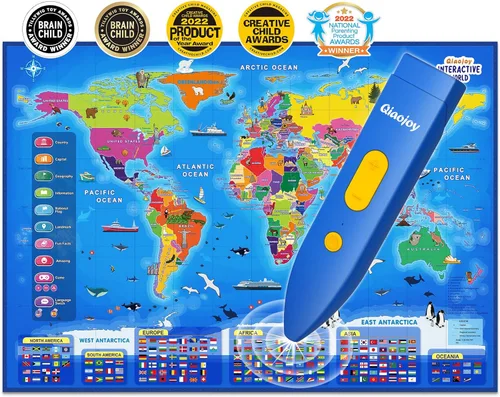 Qiaojoy Mapa del mundo interactivo bilingüe para niños, juguetes educativos y de aprendizaje, mapa del mundo electrónico parlante i-Poster juegos de