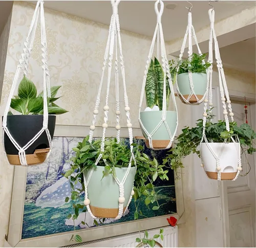 Miniatura 7 de Macetas colgantes con colgadores de macramé para plantas de interior y exterior, juego de 3 cestas colgantes de 35/27/21 pulgadas, macetas de riego
