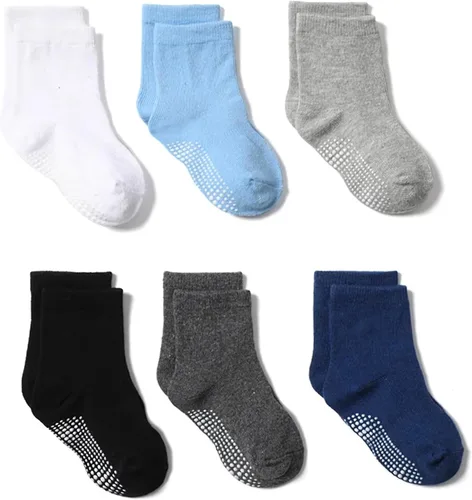 XuoAz Calcetines de bebé con agarres para niños y niñas, calcetines antideslizantes con agarres, 6 pares