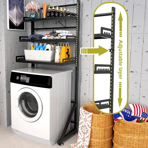 Miniatura 7 de Estante de almacenamiento para lavadora de 3 niveles de altura ajustable, organizador de almacenamiento grande para baño para ahorrar espacio (negro)